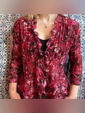 Notations Floral Ruffle Tie Blouse - Red Pink